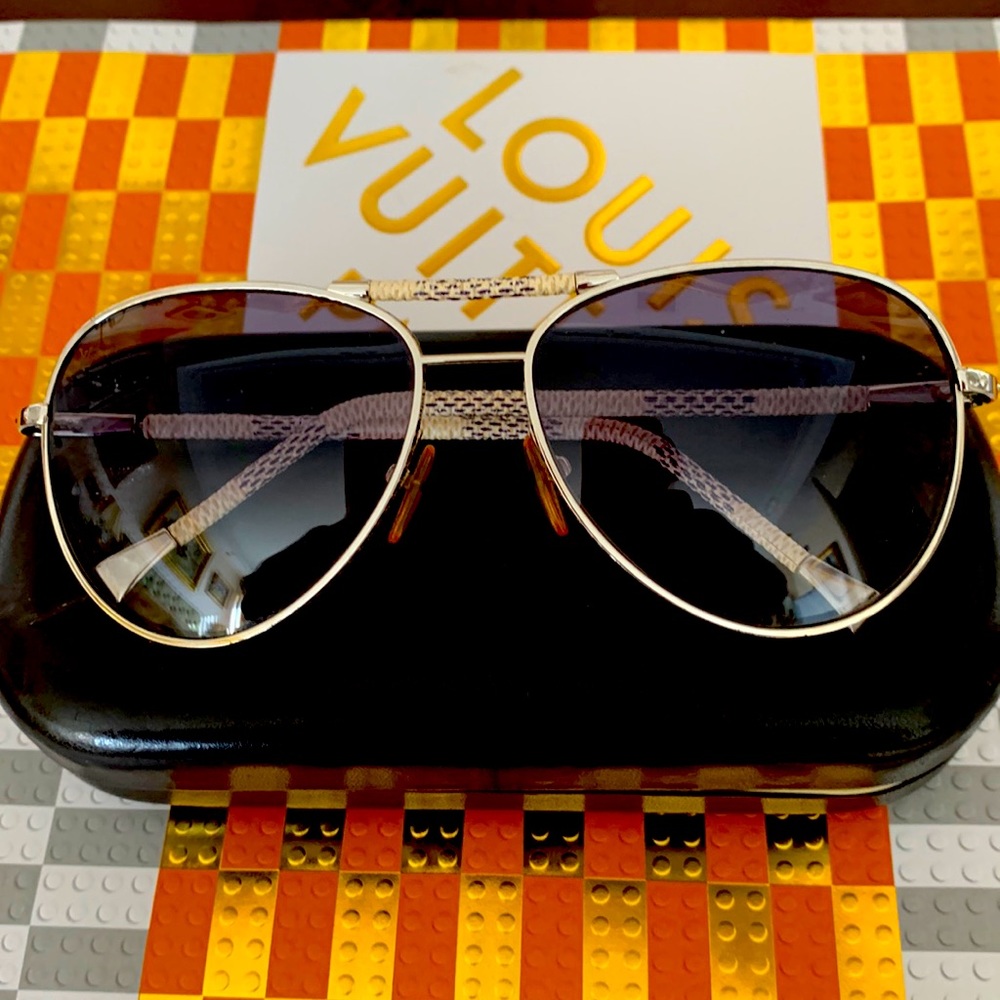 LV aviator sunglasses with cream leather logo details
